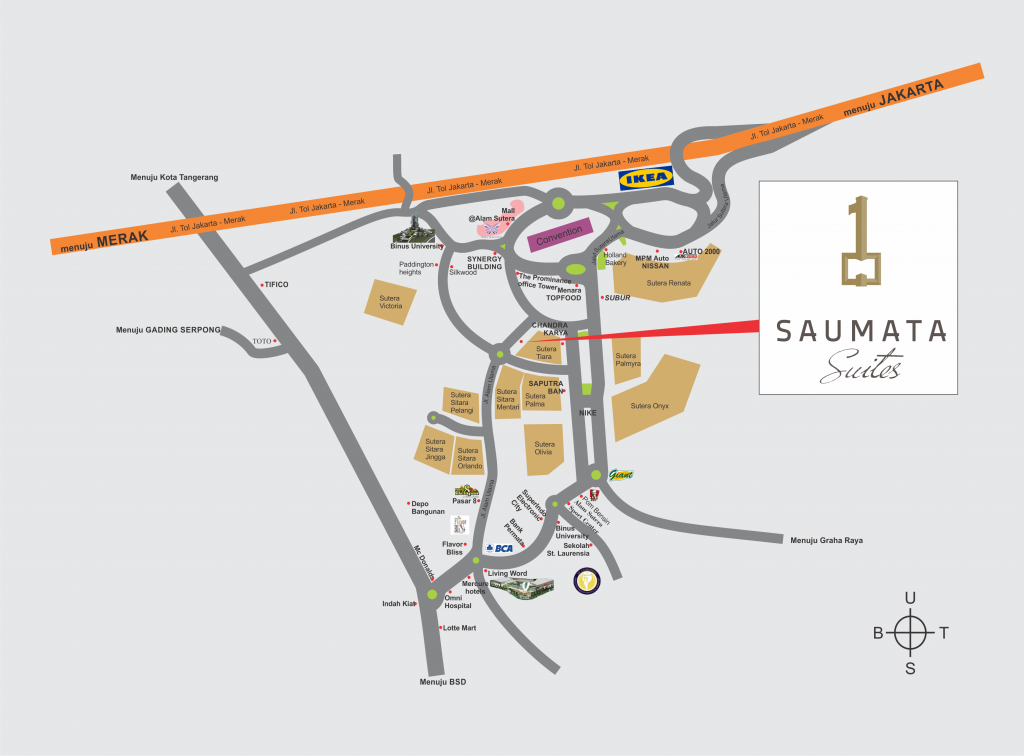 PETA LOKASI MENUJU APARTEMEN SAUMATA SUITES ALAM SUTERA TANGERANG di CBD Alam Sutera lokasi strategis dekat dengan Mall Alam Sutera, Mall Living World, Menara Top Food esteler 77, Kino Tower, Prominance office Tower, Synergy building, alfa Head Quarter, BINUS University, SGU Swiss German University, Universitas Bunda Mulia, dengan akses Toll langsung ke Jakarta, dekat ke Bandara Soekarno Hatta